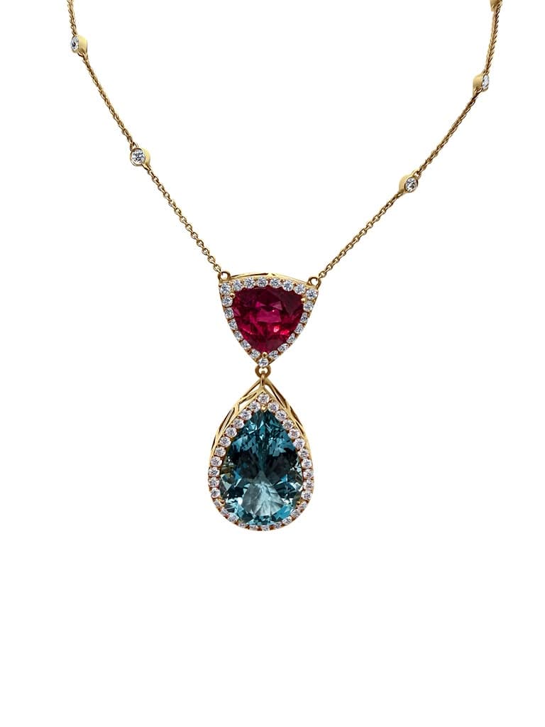 18k yellow gold Aquamarine, Rubellite and Diamond Necklace — view 1